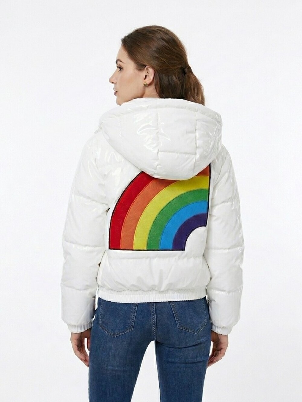 Trollz White Shiny Puffer Jacket Rainbow Graphic Hooded Bubble Coat Small
